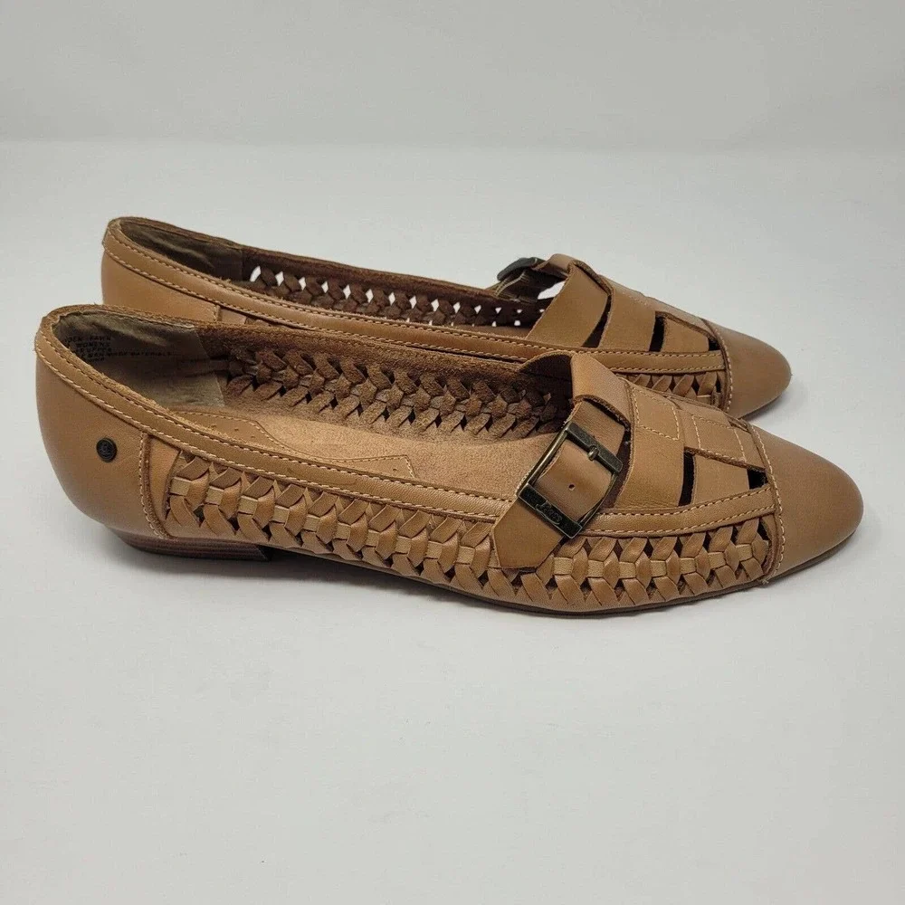 [SOLD]Bass Shoes Womens 11 Brown Leather Flats Woven Casual Hayden Fawn Loafer - Picture 2 of 10